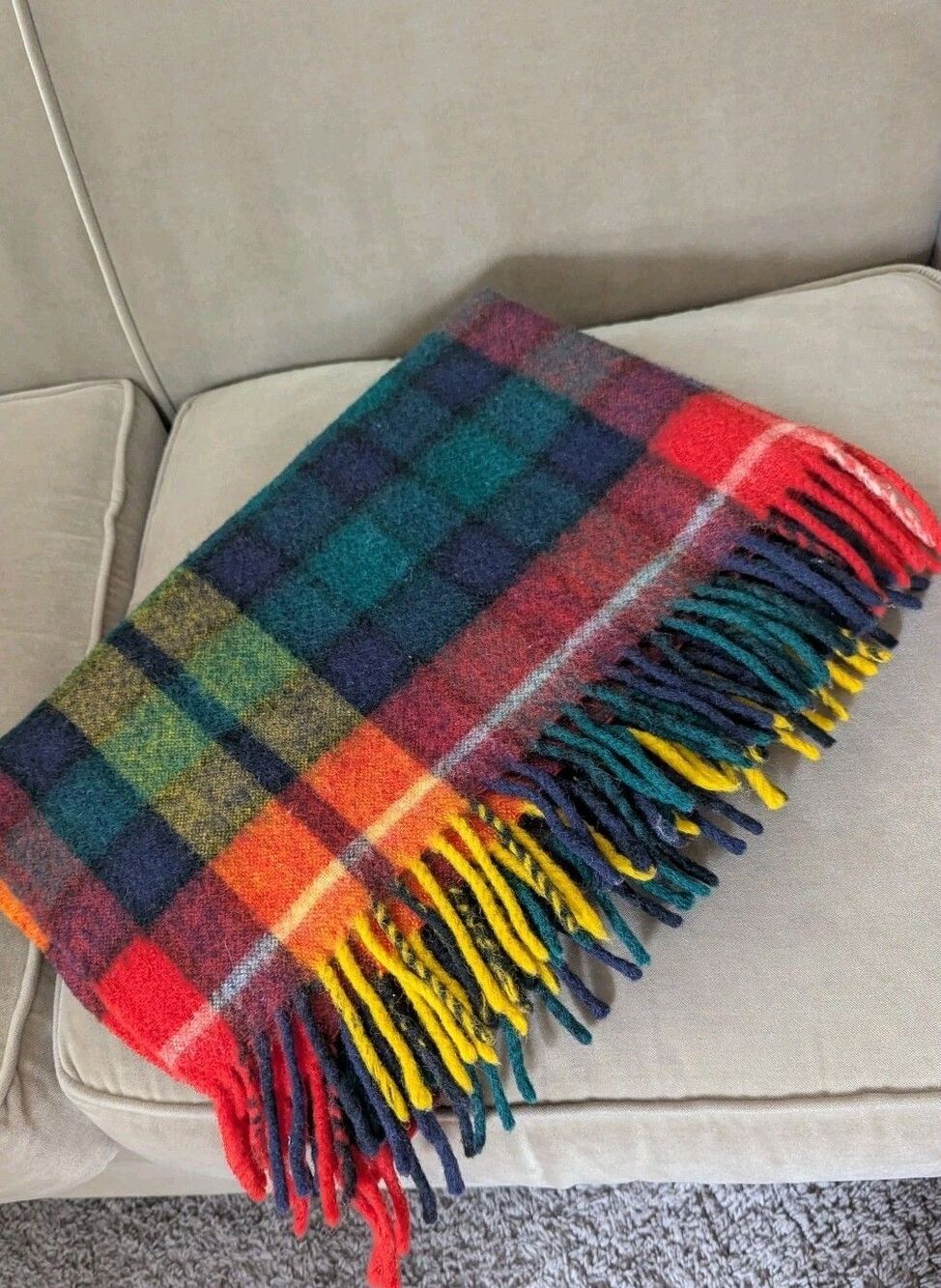 Vintage 100% Wool Blanket Buchanan Tartan Plaid Fringe England Macys Flaws